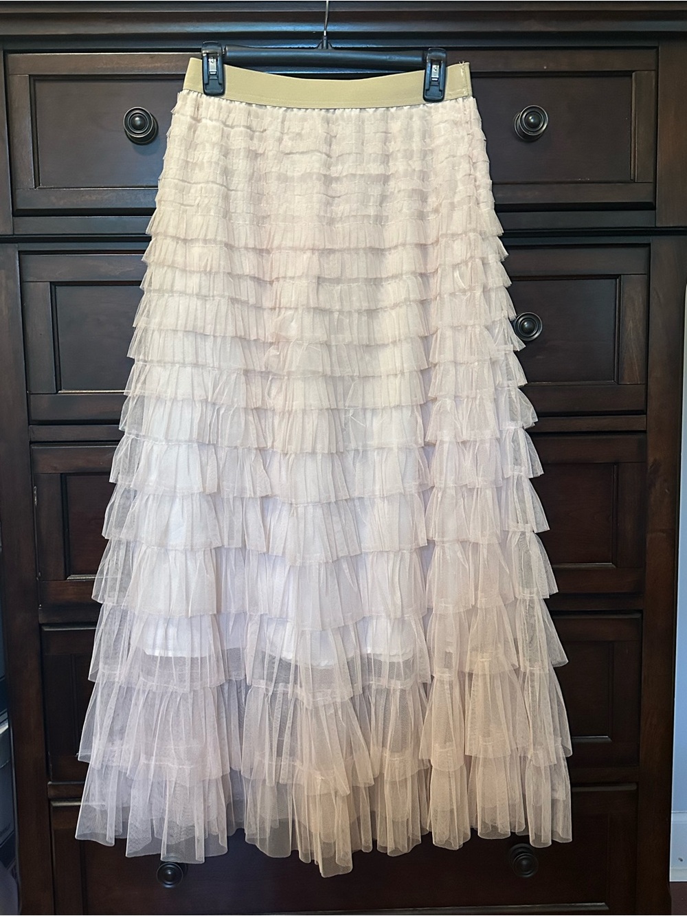 Studio West Champagne Cream Tiered Tulle Ruffle Maxi Skirt. Sz. S